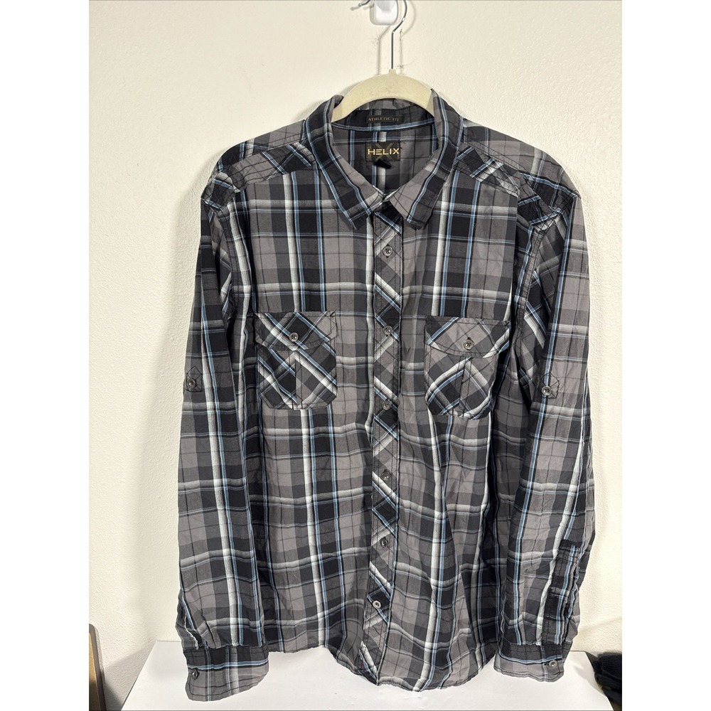Helix Long Sleeve Button Up Shirt Mens Size XXL Athletic Fit Gray Plaid‎ L/S H1